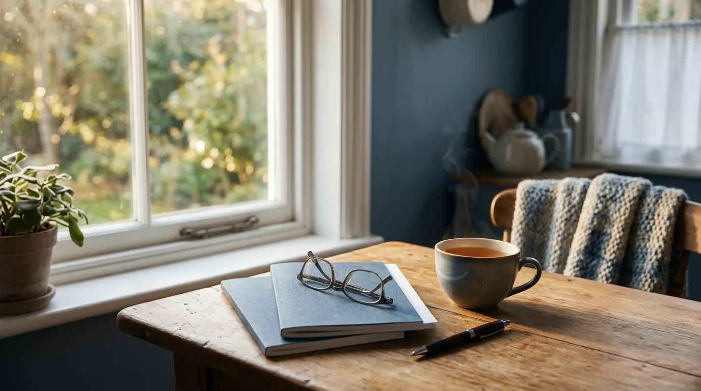 A kitchen table in morning light with two health plan booklets, reading glasses, a pen and a cup of tea