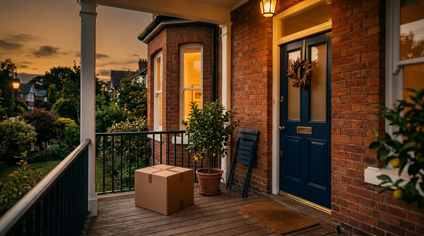 The front porch of a brick house at golden hour with a sealed moving box, a potted lemon tree and a navy door
