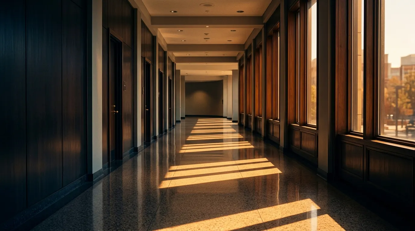 A long office corridor with tall windows and a terrazzo floor striped with late-day sunlight