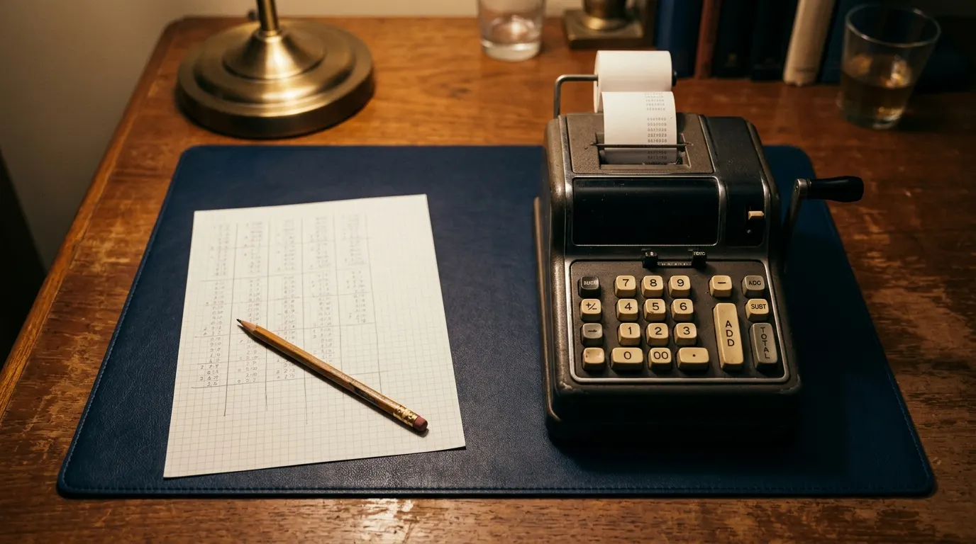 A wooden desk from above with a vintage printing calculator, a pencil and graph paper under a brass lamp