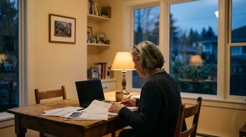 A federal employee in her late fifties reviews retirement paperwork at a lamp-lit kitchen table