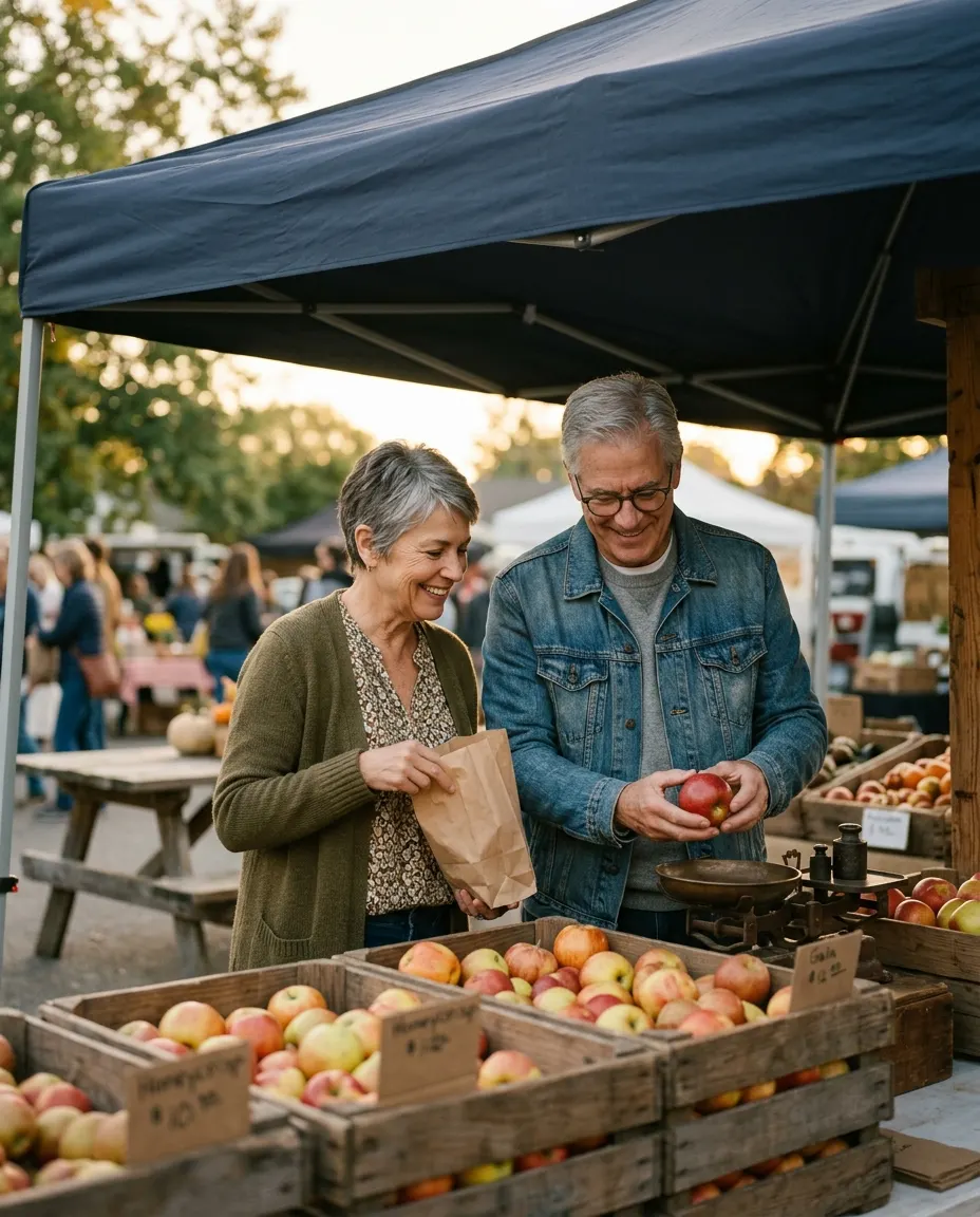 A retired couple choose apples at a farmers market stall at golden hour