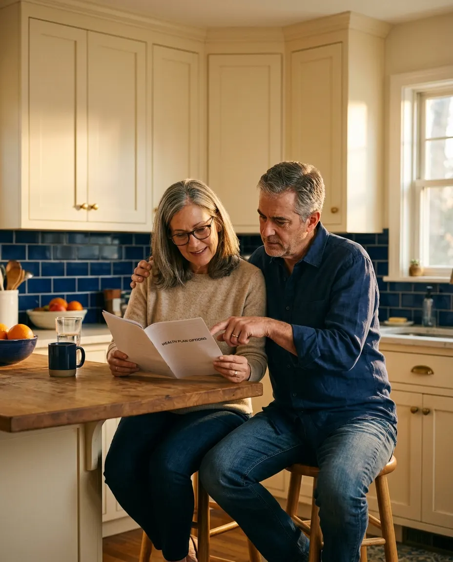 A couple in their sixties read a health plan booklet together at a kitchen island