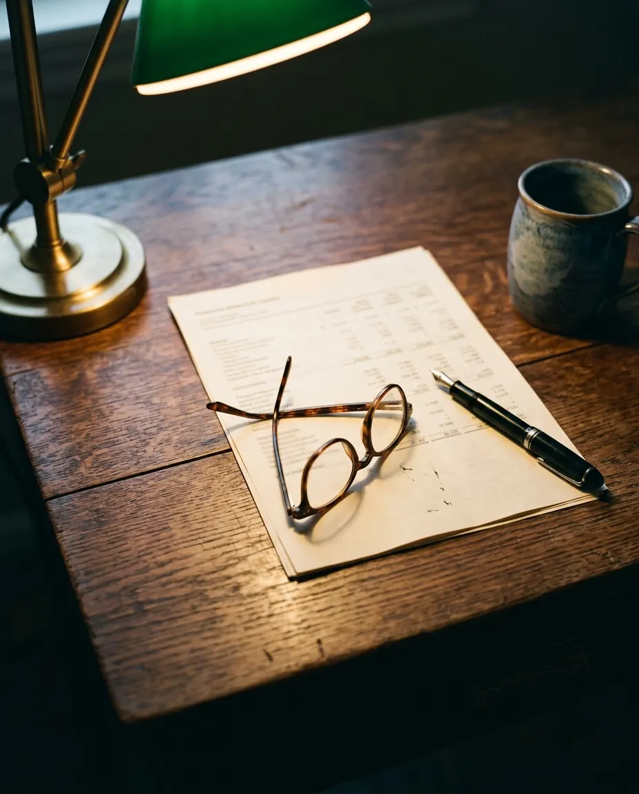 A printed annuity estimate, a fountain pen and folded reading glasses on an oak desk under a lamp