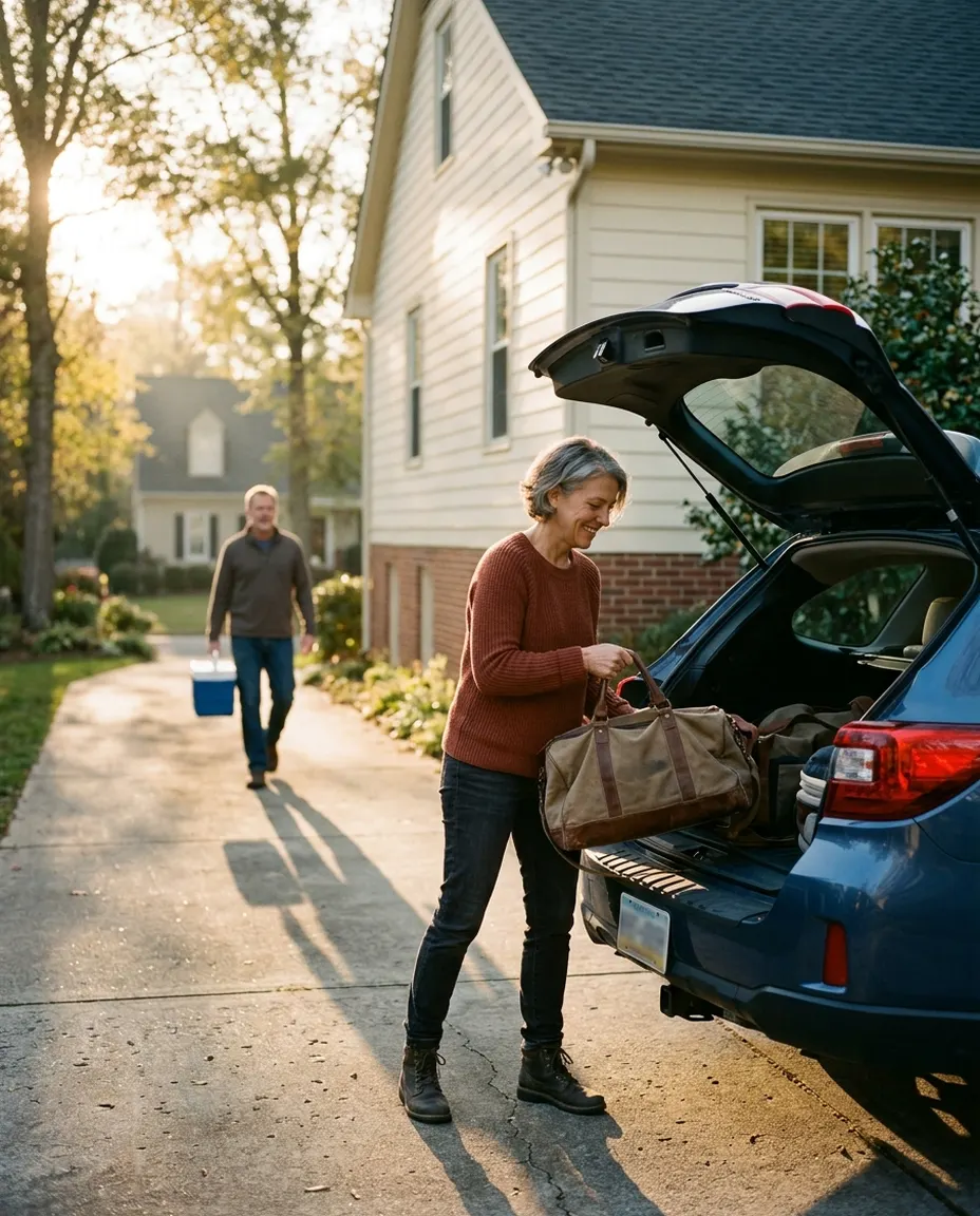 A woman lifts a weekend bag into a car trunk in a driveway in early morning light