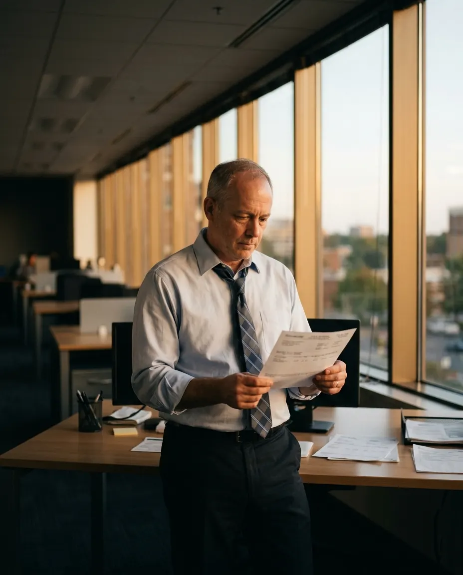 A federal employee in shirtsleeves reads a pay statement at a window desk in an agency office