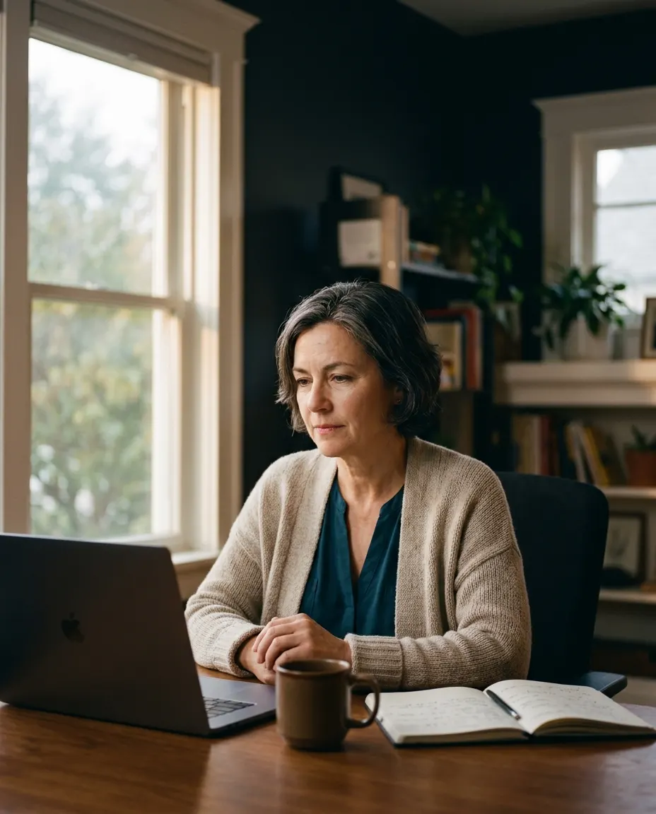 A federal employee in a cardigan works at a laptop by a tall window in morning light