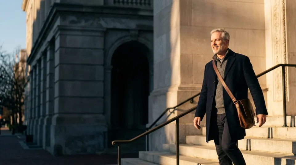 A federal employee in his late fifties, navy overcoat and leather bag, walks down the limestone steps of an office building at golden hour