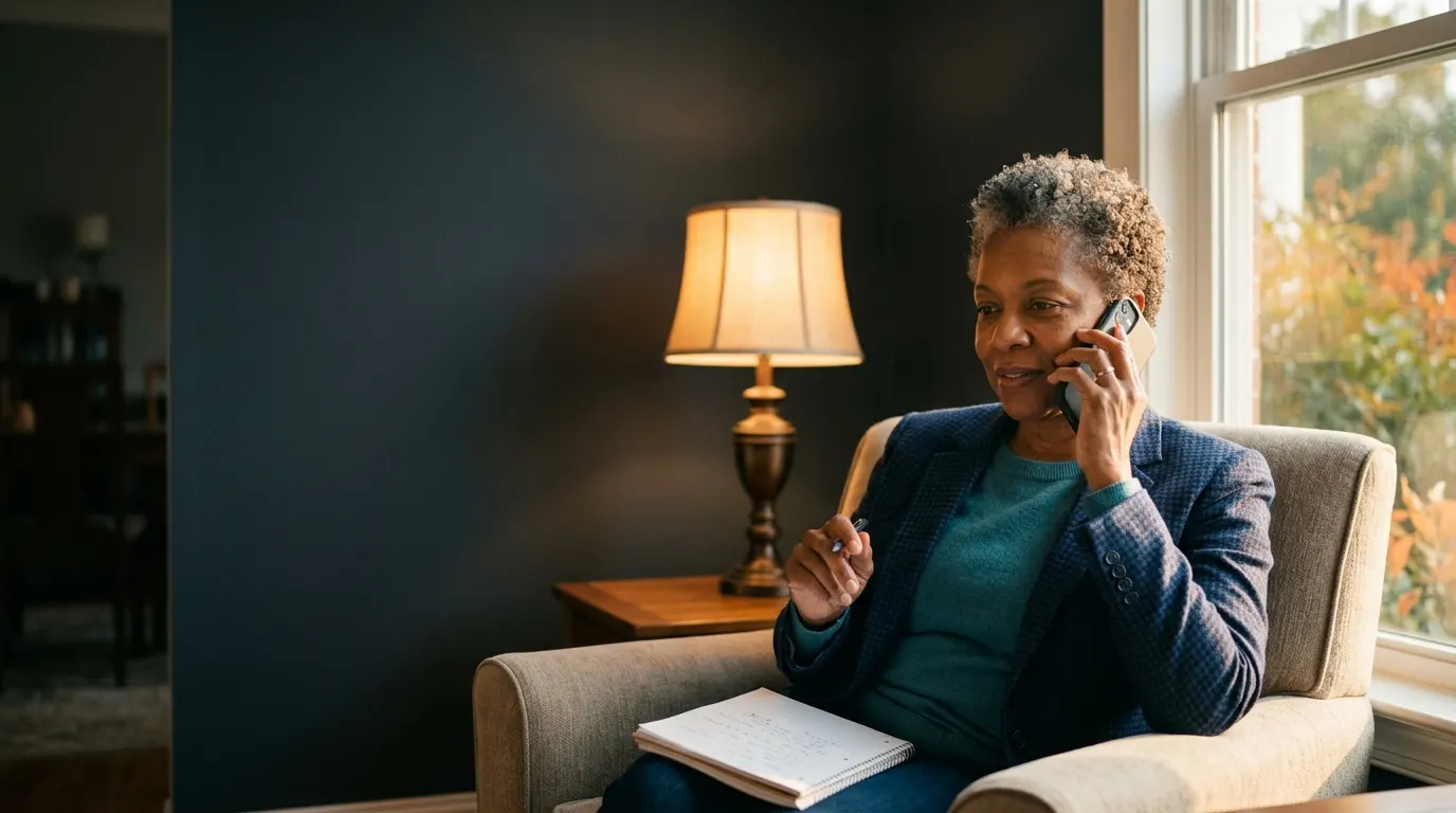 A federal employee in her late fifties listens on a phone call in a lamp-lit armchair, a notepad on her knee